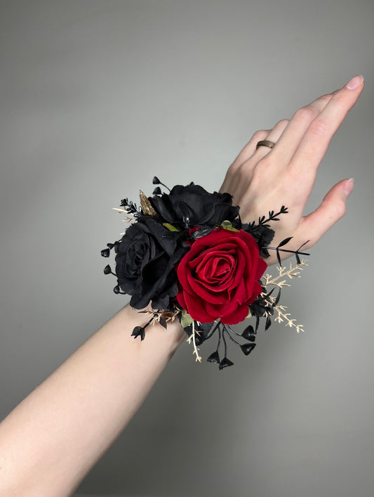 Black Corsage Red Wedding Gothic Wrist Corsage Bridesmaids Corsage Mom Black Corsage Red Gold Accessories Artiticial Flower