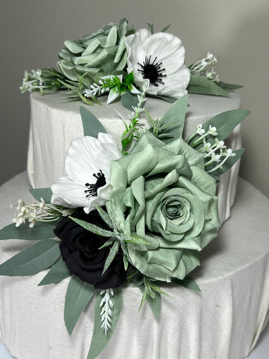 Dusty Sage Green Cake Decoration Black Wedding Topper Decor Flower Cake Arrangement Black Cake Decor White Anemone Artificial Flower Green