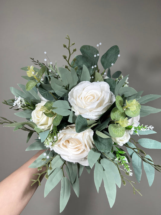 White Bouquet Bridal Wedding Pearls Bridesmaids Ivory Bouquet Greenery Eucalyptus White Artificial Flower